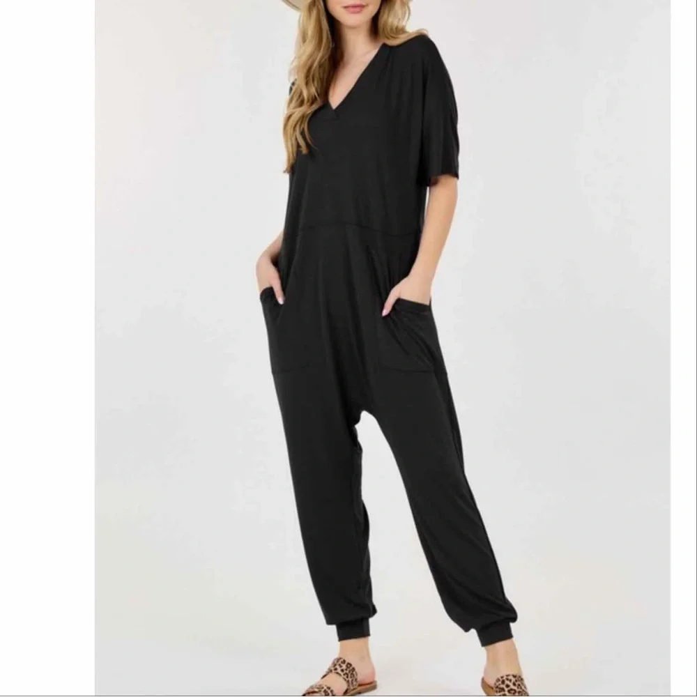 BOHO COMFY VNECK JUMPSUIT WITH POCKETS - BLACK - Picture 5 of 5
